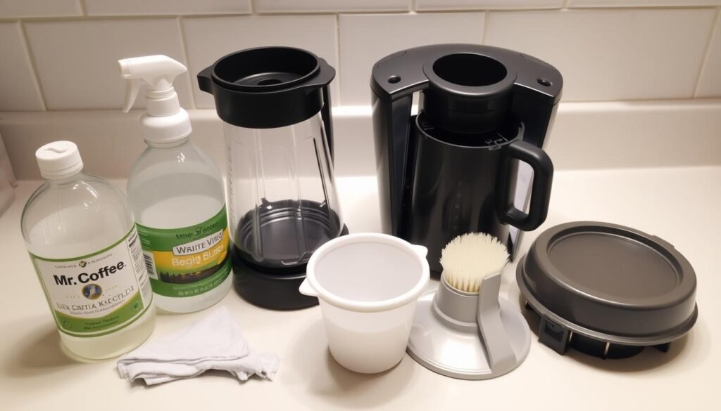 Cleaning supplies and disassembled Mr. Coffee machine parts Cleaning supplies and disassembled Mr. Coffee machine parts