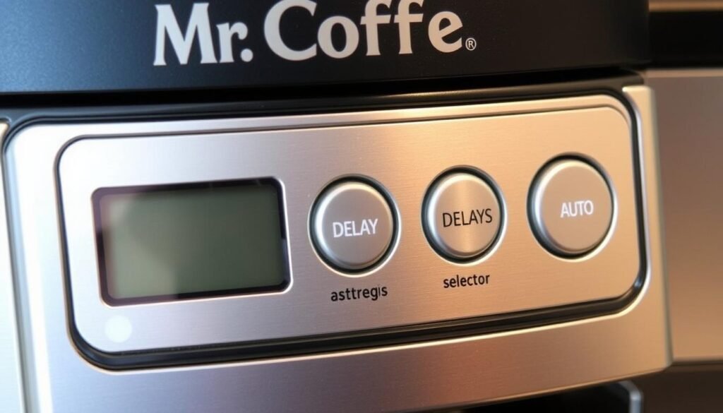 Close-up of programmable features on a Mr. Coffee machine control panel Close-up of programmable features on a Mr. Coffee machine control panel