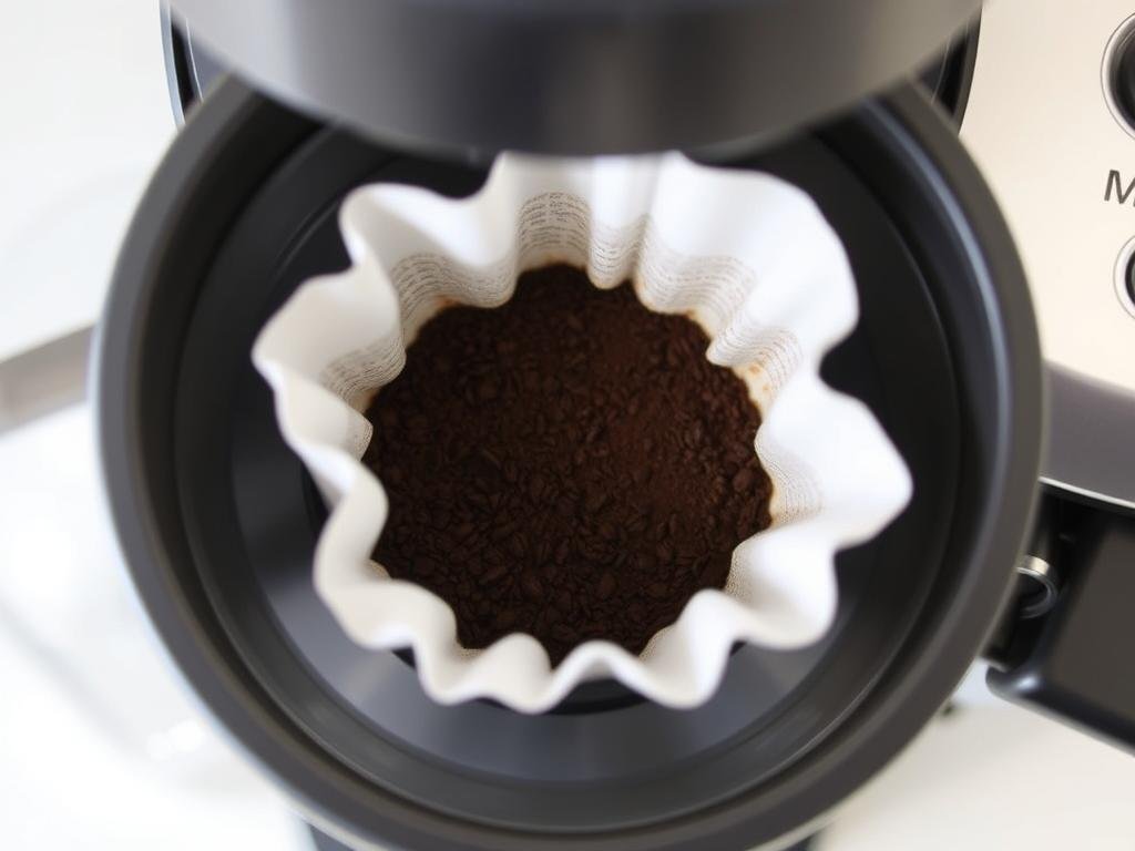 Close-up of properly filled filter basket with coffee grounds in a Mr. Coffee machine