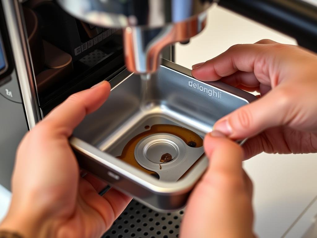 Emptying and rinsing Delonghi espresso machine drip tray Emptying and rinsing Delonghi espresso machine drip tray