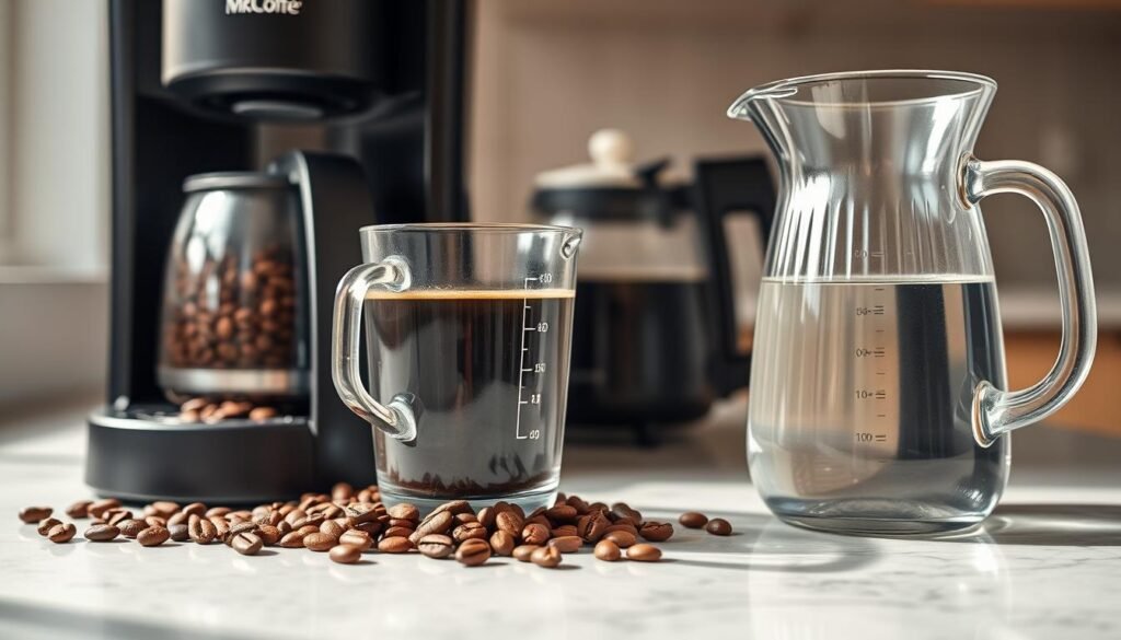 Fresh coffee beans, clean water, and a Mr. Coffee machine ready for brewing Fresh coffee beans, clean water, and a Mr. Coffee machine ready for brewing