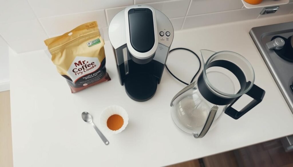 Mr. Coffee machine with coffee grounds, filter, and measuring spoon laid out on a counter