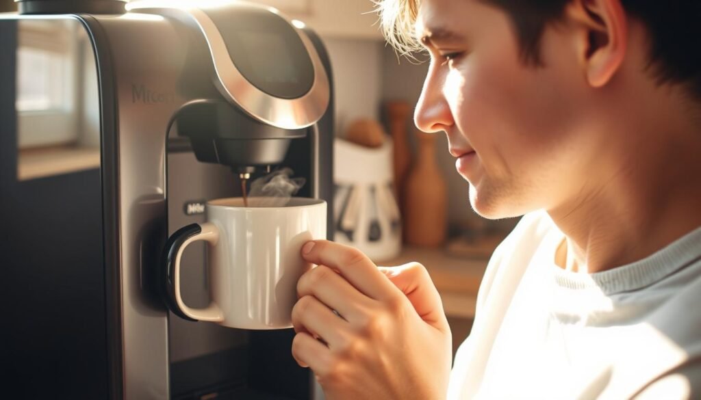 Person enjoying coffee from a Mr. Coffee machine in a cozy kitchen setting Person enjoying coffee from a Mr. Coffee machine in a cozy kitchen setting