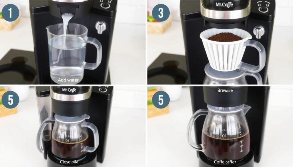 Step by step process of brewing coffee in a Mr. Coffee machine Step by step process of brewing coffee in a Mr. Coffee machine