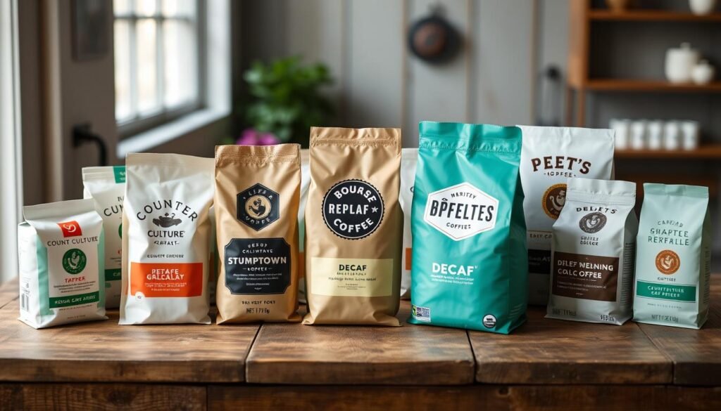 Various packages of popular decaf coffee brands arranged on a wooden table