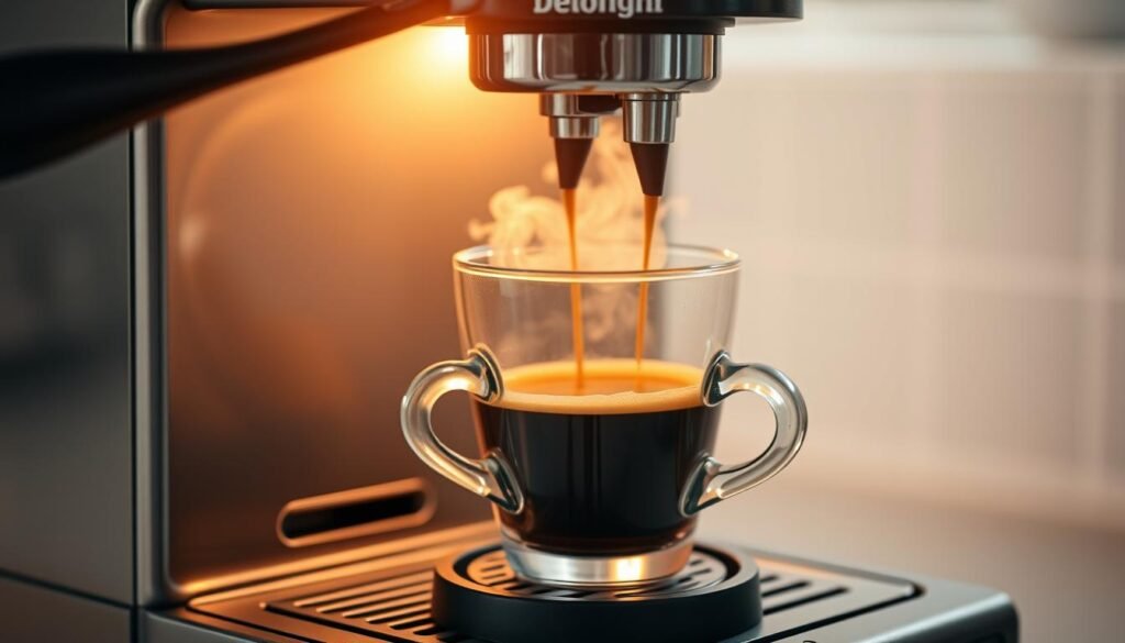 Well-maintained Delonghi espresso machine brewing perfect coffee Well-maintained Delonghi espresso machine brewing perfect coffee